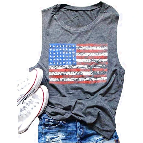 Barlver American Flag Tank Tops Women Patriotic Shirt 4th of July Top Stars Stripes Print Sleeveless T-Shirt USA Flag Tee Tops