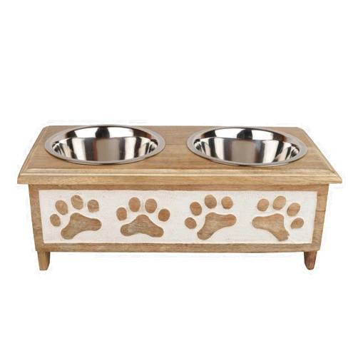 GoCraft Raised Dog Bowls for Small Dogs | Modern Farmhouse White Washed Elevated Wooden Stand Feeder with 2 Stainless Steel Bowls for Your Pet Food & Water
