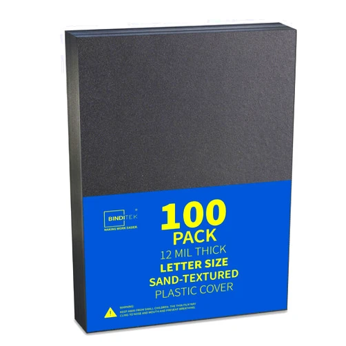 Binditek 100 Pack 12 Mil Sand-Textured Polycover - Plastic Binding Cover for Letter Size - Lightly Sanded Finish - Business Reports and Proposals - Square Corners, Un-Punched, Black