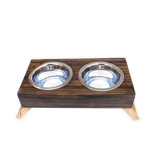 Country Living Classic Elevated Pet Feeder - Solid Mango Wood with Brown Polished Finish, Includes 2 Small (12 oz) Stainless Steel Bowls - Foldable Legs for Easy Storage