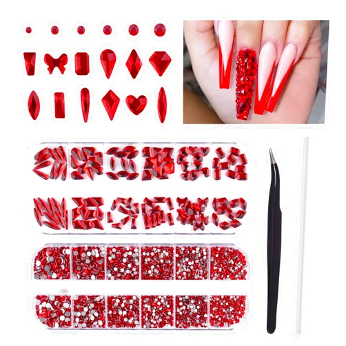 EBANKU 3120Pcs Red Nail Gems, Christmas Nail Crystal Rhinestones Jewel Kit Mixed Shape Diamonds with Tweezers and Wax Pen for Halloween Nails and Craft