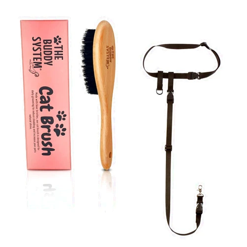 The Buddy System Cat Brush with Boar Bristle and Wooden Handle and Hands Free Dog Leash, Adjustable Leash for Running, Jogging, Training and Service Dogs (Black, Regular Belt)