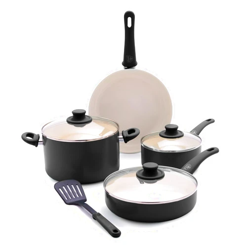 GreenLife Soft Grip 8 Piece Cookware Set, Non-Toxic PFAS-Free Ceramic Nonstick, Frying, Sauce, Sauté, Utensils, Glass Lids, Stay-Cool Handles, Wobble Free, Dishwasher & Oven Safe, Black