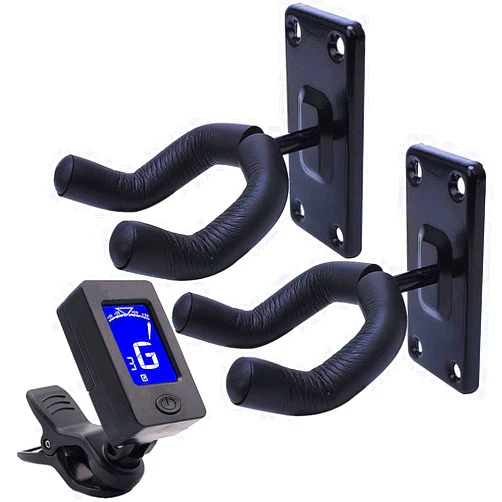 Sound harbor Guitar Wall Mount Hanger Guitar hangers for wall 2 Pack Black hook with Guitar Tuner Clip-On Tuner