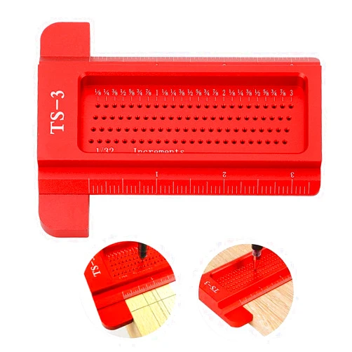 PerGar Woodworking Scribe,TS 3 Hole Scribing T Type Ruler Portable Crossed Out Marking Tool 45/90 Degree Line Gauge Saddle Square Layout Scriber Aluminum Alloy Hole Positioning for DIY Projects (Red)