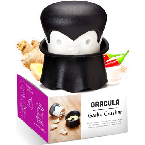 OTOTO Gracula Garlic Crusher, Garlic Mincer, Also for Ginger, Nuts, Chili, Herbs - Twist Top Mincer & Easy Squeeze Manual Press Peeler, Goth Gifts