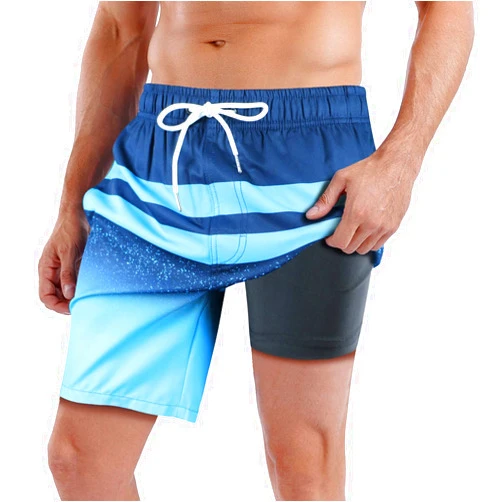 QRANSS Mens Swim Trunks with Compression Lined 7'' Swim Shorts Quick Dry Swimwear Boardshorts with Boxer Brief Liner