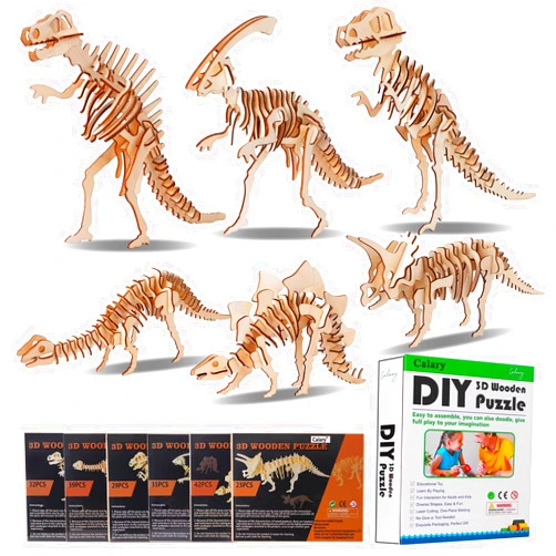 calary 3D Wooden Puzzle Simulation Animal Dinosaur Assembly DIY Model Toy for Kids and Adults,Set of 6