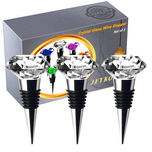 JETKONG 3 Pcs Wine Stoppers Crystal Wine and Beverage Bottle Stopper Diamond Decorative Wine Bottle Stopper (Crystal)