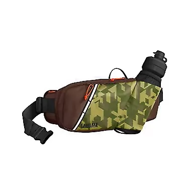 CamelBak Podium Flow Bike Hydration Belt - Easy Access Bottle Pocket - Podium Dirt Series Bottle - Adjustable Waist Buckle - Secure Zipper Pocket - Riding Belt - 21 Ounce Camelflage/Brown Seal
