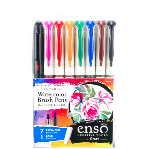 PILOT Enso Artful Writing & Coloring Collection Watercolor Brush Pen Set, 7 Extra Fine Tip Pens & 1 Bold Brush Pen, Assorted Colors (92075)