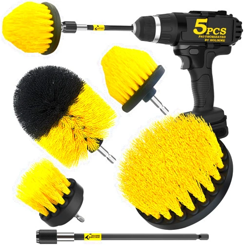 Holikme 5Pack Drill Brush Attachment Set，Power Scrubber Brush Extended Long Attachment for Bathroom Surfaces, Grout, Floors, bathtubs, Showers, Tiles, Kitchens and Cars，Yellow
