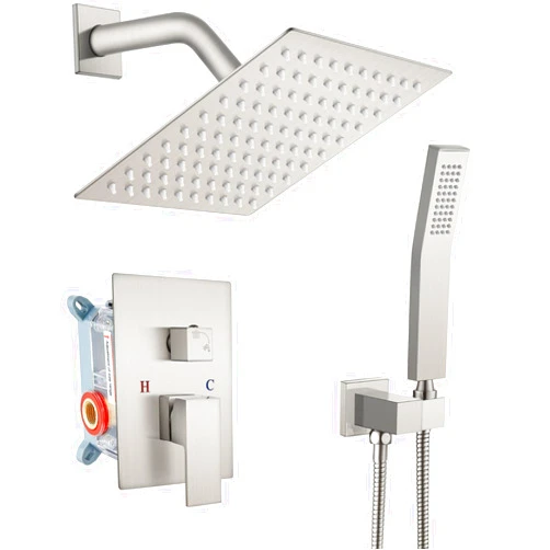 gotonovo Rainfall Bathroom Shower System Rain Shower Head and Handle Set Wall Mounted Shower Complete Combo Solid Brass Pressure Balancing Shower Mixer Valve 8 Inch Brushed Nickel