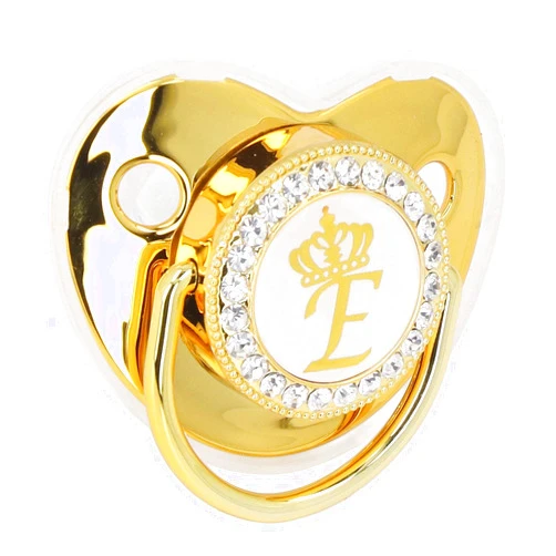 Drfeify Baby Pacifier,Rhinestone Night Pacifier with Chain Clip,Portable Exquisite Golden Crown Letter Cute Pacifier for Infant (E)