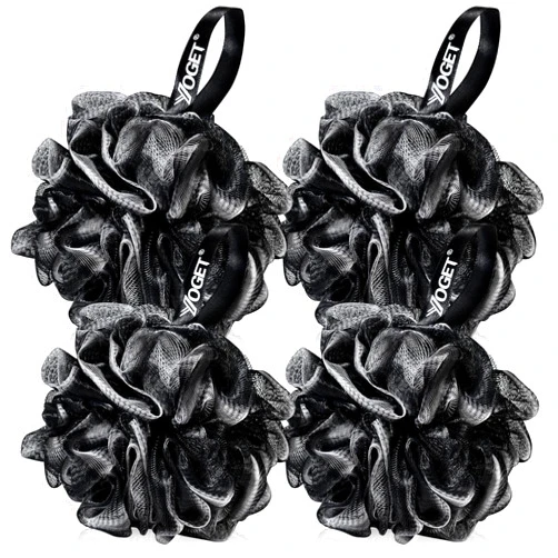 Yoget Bath Loofah Sponge, 4 Pack Black 60G Shower Mesh Ball Soft Pouf Body Scrubber, Exfoliate, Cleanse, Soothe Skin, Black Loofah with White Trim
