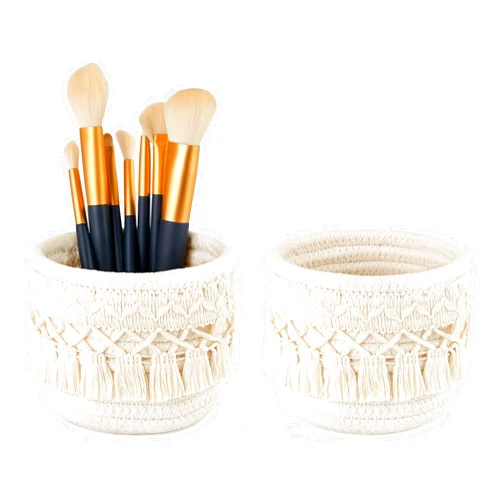 Mkono Macrame Makeup Brush Holder Organizer Comb Brushes Mini Storage Basket Set of 2 Boho Decor Baskets for Pen Pencil Box Container ,Ivory