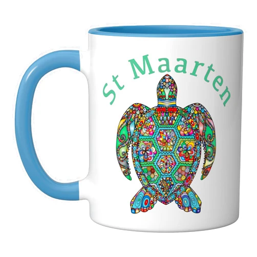 St Maarten Tropical Souvenir Shirts St Maarten Tee Tribal Turtle Gift Ceramic Mug, Blue/White
