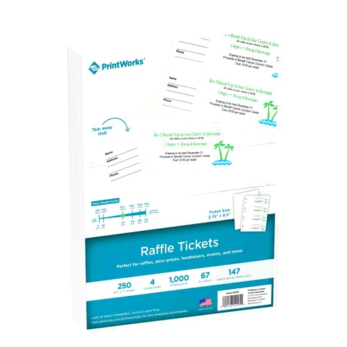 PrintWorks Raffle Tickets, Perforated Cardstock for Tickets with Tear-Away Stubs, 8.5 x 11, 67lb/147gsm, 4 Tickets Per Sheet, 250 Sheets, 1000 Tickets Total, White (04295) (2.75 x 8.5)
