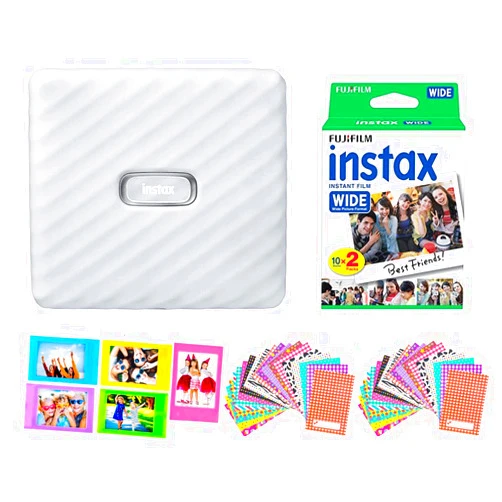 Fujifilm Instax Link Wide Smartphone Printer Ash White + Fuji Instax Wide Instant Film Value Pack (20 Sheets) with Film Stickers, Frames Wireless Bluetooth Printer