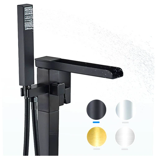 YAGATAP Freestanding Tub Faucet, Free Standing Tub Filler Matte Black, Single Handle Stand Alone Brass Bathtub Faucet with Hand Held Shower and Swivel Waterfall Mixer Spout Floor Mount