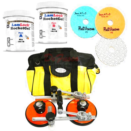 Abaco Ratcheting Seamsetter M2 - LamLock RocketGel - 16 oz Kit Granite Epoxy - 4 Inch AntiVenom 3 Step Polishing Pads Set of 3
