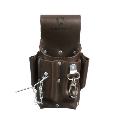 Southwire POUCH4 Leather Tool Pouch; 5 Pocket Pouch with Electrical Tape Chain; Fade Resistant; Durable Compartments; Washer Rivets; Includes Metal Tool Clip; Dark Brown