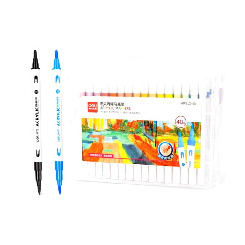 deli Dual Tip Acrylic Paint Markers, 48 Colors, Quick Dry Water-Based Paint Pens with 3mm Hard Tip & 0.5-5mm Flexible Brush Tip for Wood, Rock, Canvas, Plastic & Craft Projects