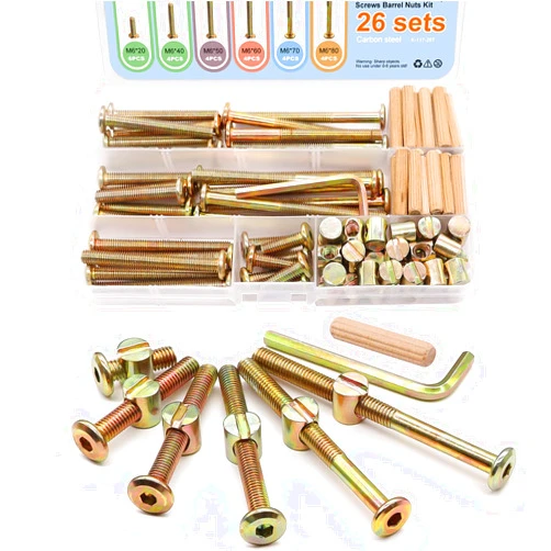 weideer 26 Set Crib Screws Hardware Replacement Kit Baby Bed Frame Bolts M6x20/40/50/60/70/80mm Barrel Nuts Wooden Dowel Pins Hex Drive Socket Cap Screws Kit for Beds Chairs Furniture