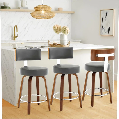 RêveLife Counter Height Bar Stools Set of 3, Modern Swivel Barstools with Back and Round Seat, PU Leather Upholstered Bar Chairs Island Stools for Kitchen Counter, Walnut Bentwood Legs, Grey