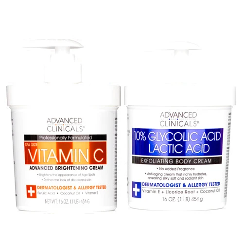 Advanced Clinicals Brightening Vitamin C Body Cream + AHA Exfoliating 10% Glycolic Acid & Lactic Acid Lotion 2PC Skincare Set For Women & Men To Reduce Appearance Of Dark Spots & Uneven Skin Tone
