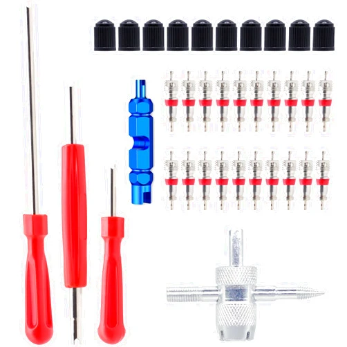 ZHSMS Valve Stem Removal Tool - 20Pcs Valve Cores, 10Pcs Tire Valve Caps, 4-Way Valve Tool, Valve Core Remover Tool