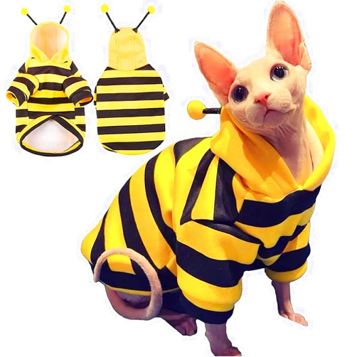DENTRUN Sphynx Hairless Cats Costume Funny Bee Warm Winter Sweater Cute Pullover Kitten Shirts Breathable Cat Leisure Wear Turtleneck Vest Adorable Cat's Clothes Jacket Pajamas Jumpsuit, S