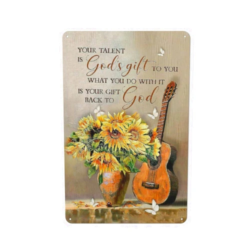 Srtoowex Rustic Metal Tin Sign Christian Guitar Wall Art Vintage Music Guitar Sunflower Pictures Wall Decor Artwork Prints Music Room Decor for Music Studio Bedroom Living Room Bathroom 8x12 Inch