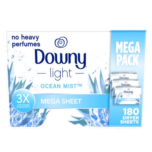 Downy Light Mega Dryer Sheets, Fabric Softener Dryer Sheets, Ocean Mist, 180 Count