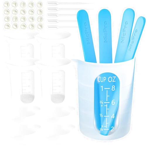 Nicpro Silicone Resin Measuring Cups Tool Kit- Nicpro 250 & 100 ml Measure Cups, Silicone Popsicle Stir Sticks, Pipettes, Finger Cots for Epoxy Resin Mixing, Molds, Jewelry Making, Waxing, Easy Clean