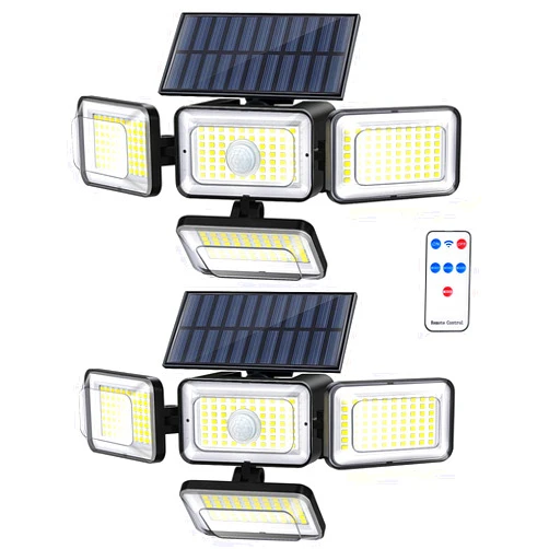 Mokot Solar Outdoor Lights，288LED 2800LM IP65 Waterproof Motion Sensor Outdoor Lights with Remote Control, 4 Heads Solar Flood Wall Lights for Outside Yard Pack of 2