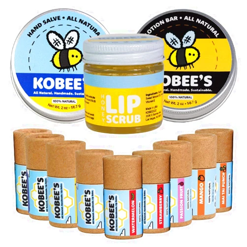 KOBEE'S ALL NATURAL. HANDMADE. LIP BALM. Kobeesco Essentials Bundle, 9 - Lip Balm, 1 Lip Scrub, 1 - Hand Salve, 1 - Lotion Bar