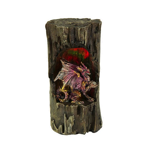 Zeckos Dragon Holding Orb in Old Log Statue with Color Changing LED Lights