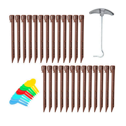 HERRUT 26 Pcs 10Inch Landscape Edging Stakes - Durable Brown Plastic to Secure Weed Fabric in Your Garden or Yard - Complete with 1 Peg Remover and 10 Plant Labels