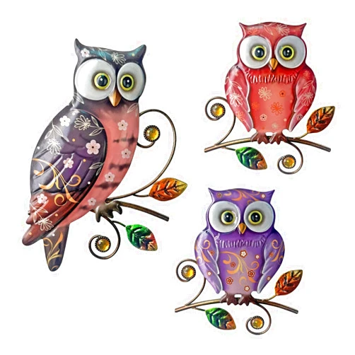 WAIU 3 pcs Metal Owls Wall Art Decor,set of 3 Vivid Owls on Branch Metal Owls Wall Decor Hanging cute owls Indoor Outdoor Wall Decor Fence Garden Courtyard Decoration