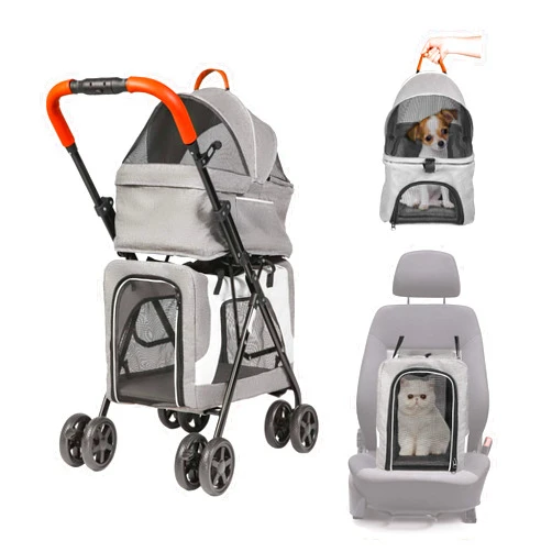 LUCKYERMORE Double Pet Stroller for 2 Dogs Cats Folding Portable Carrier Cage Detachable 3 in 1 Pet Stroller Travel Camping 4 Wheels Lightweight Waterproof Crate with Soft Pad,Dual Entry,Dark Grey