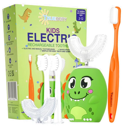 Trueocity Kids Toothbrushes U Shape, Kids Automatic Toothbrush, Toddler Toothbrush U Shaped, U Toothbrush Kids, Auto Toothbrush, Rechargeable Electric Brush Age 2+, Children's Toothbrush (Dinosaur)