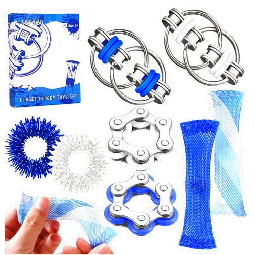 ZQFTZQ 8 Pcs Sensory Fidget Toys Pack Flippy Roller Bike Chain Fidget Spinner Anxiety and Stress Relief Silent Tools Mesh Marble Acupressure Ring for Adults Teens Kids Desk Christmas Classroom ADHD