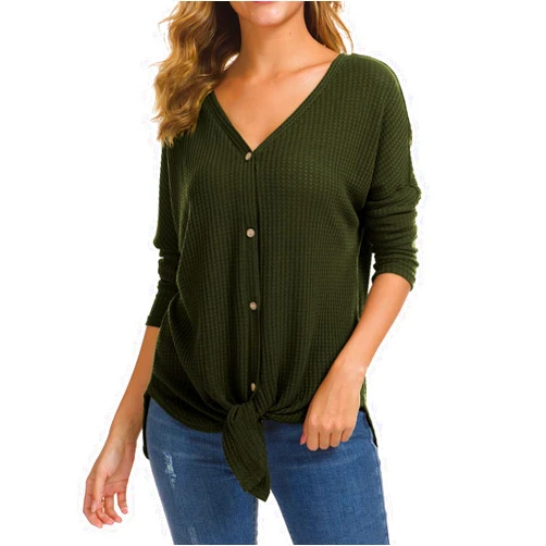 IWOLLENCE Women's Waffle Knit Tunic Blouse Tie Knot Henley Tops Loose Fitting Bat Wing Plain Shirts