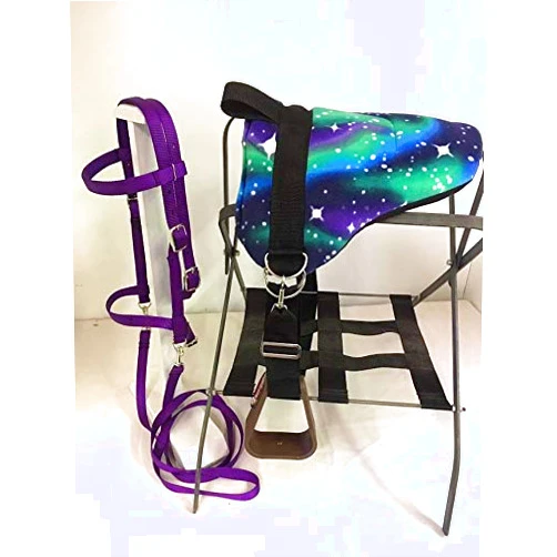 Party Ponies Miniature Horse/SM Pony Childrens Bareback Saddle PAD Set with BITLESS Bridle - Cinch Upgrade - Purple Stary Night Set