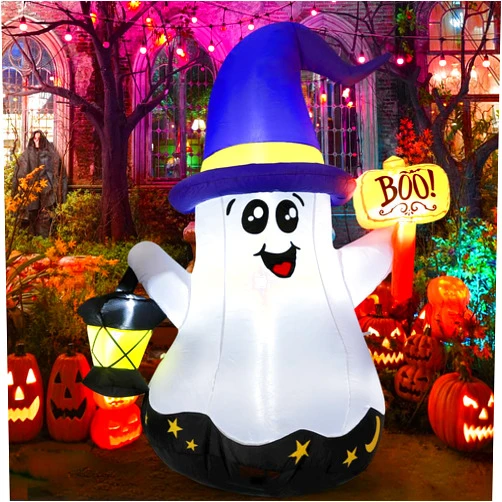 GOOSH 5 FT Halloween Inflatables Ghost Outdoor Decorations Blow Up Yard Cute Wizard Ghost with Hand-Held Light with Built-in LEDs for Garden Lawn Indoor Party Decor