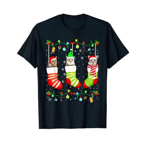 Funny Kitten Christmas Lights Xmas Cat Costume Cute Xmas Cat Pajama American Shorthair Christmas Socks T-Shirt