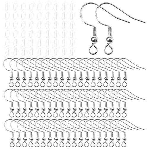 TOAOB THE ONE AND ONLY BABY TOAOB 200pcs Earring Hooks 925 Silver Plated Hypoallergenic Ear Wires Fish Hooks with 200pcs Clear Silicone Earring Backs Stoppers for DIY Jewelry Making