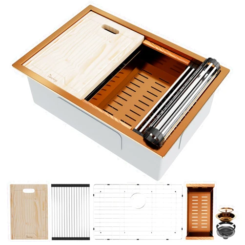Davivy 27 Inch Kitchen Sink, 27x19 Inch Single Bowl Undermount Workstation Sink with Single Track, 16 Gauge Rose Gold Stainless Steel Work Station Kitchen Sink with Multiple Accessories