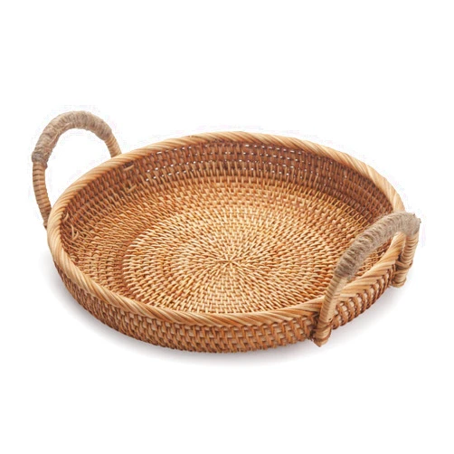 DECRAFTS Rattan Round Fruit Basket for Table Wicker Bread Tray with Handle for Serving Food, Crackers, Snacks (11inch D x 1.8inch H)